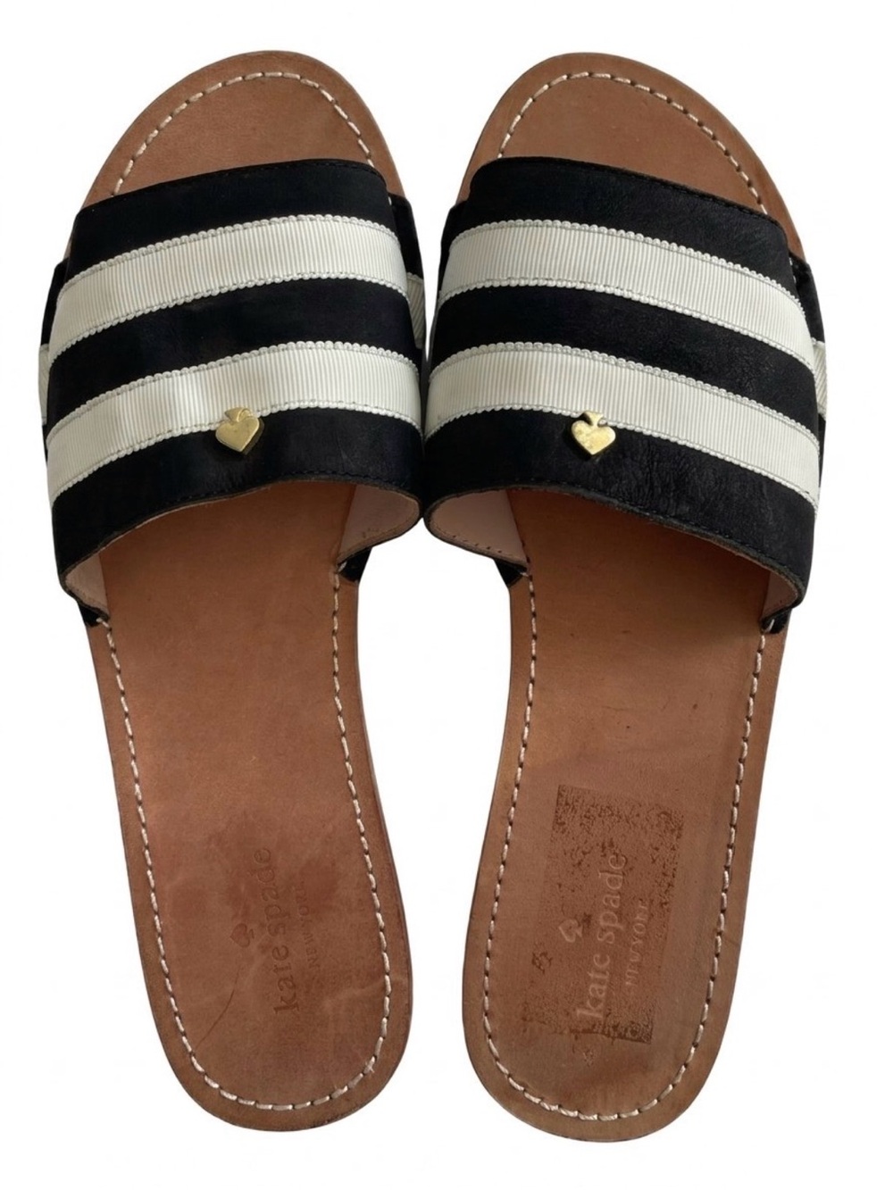 kate spade Imperiale Black and White Suede and Grosgrain Striped Slide Sandals
